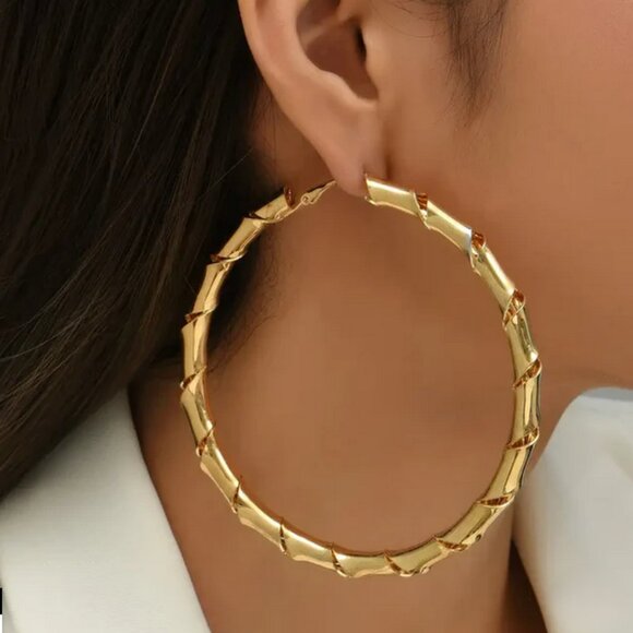 14K Gold Womens 3" Large Twisted Gold Bamboo Earrings 3 inch Ladies 14 K Jewelry - Picture 2 of 5